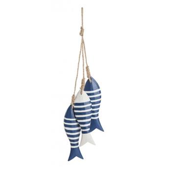 Guirlande décorative de 3 poissons en bois peints et corde en chanvre 37 x 4.70 x 3.90 cm