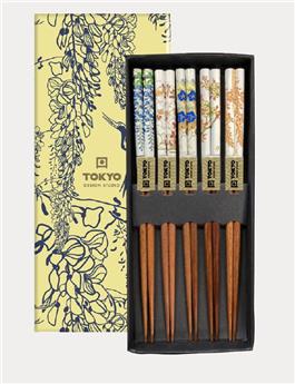 SET 5 PAIRES BAGUETTES FLORAL PATTERNS BOIS